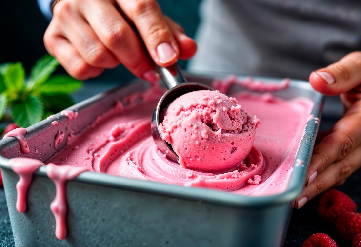 Una vaschetta di gelato vegano alla fragola