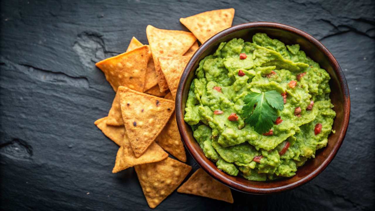 Guacamole in una ciotola con tortille di mais