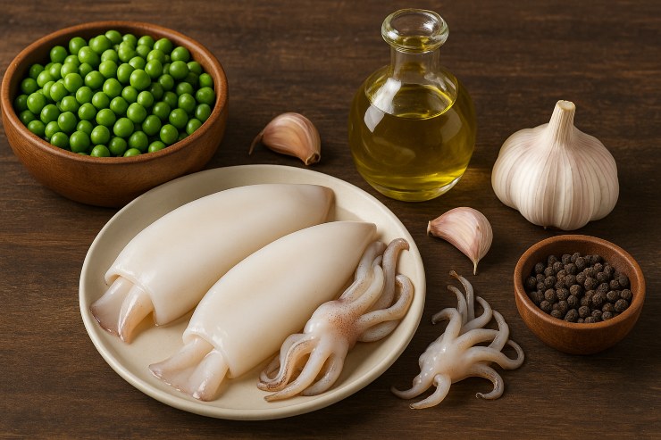 Ingredienti per preparare seppie e piselli in bianco
