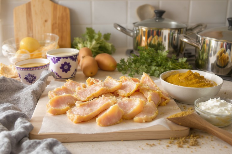 Straccetti di pollo, yogurt e curry su un ripiano in cucina
