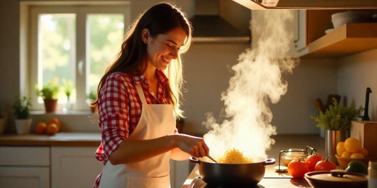 Una donna che cuoce la pasta in cucina